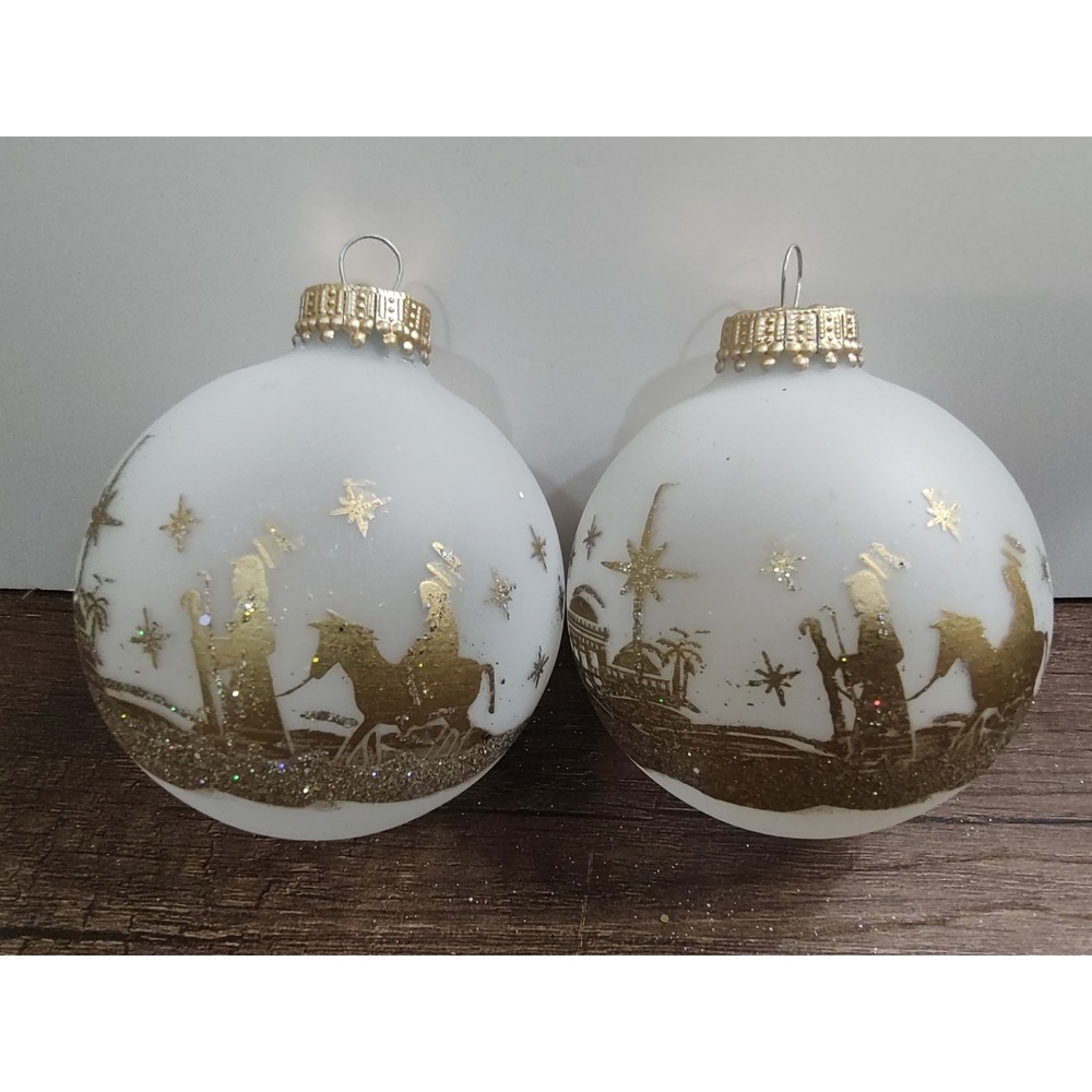VTG Krebs Clear Frosted Nativity Ornament Glass Ball 2.5" Gold Glitter lot Of  2